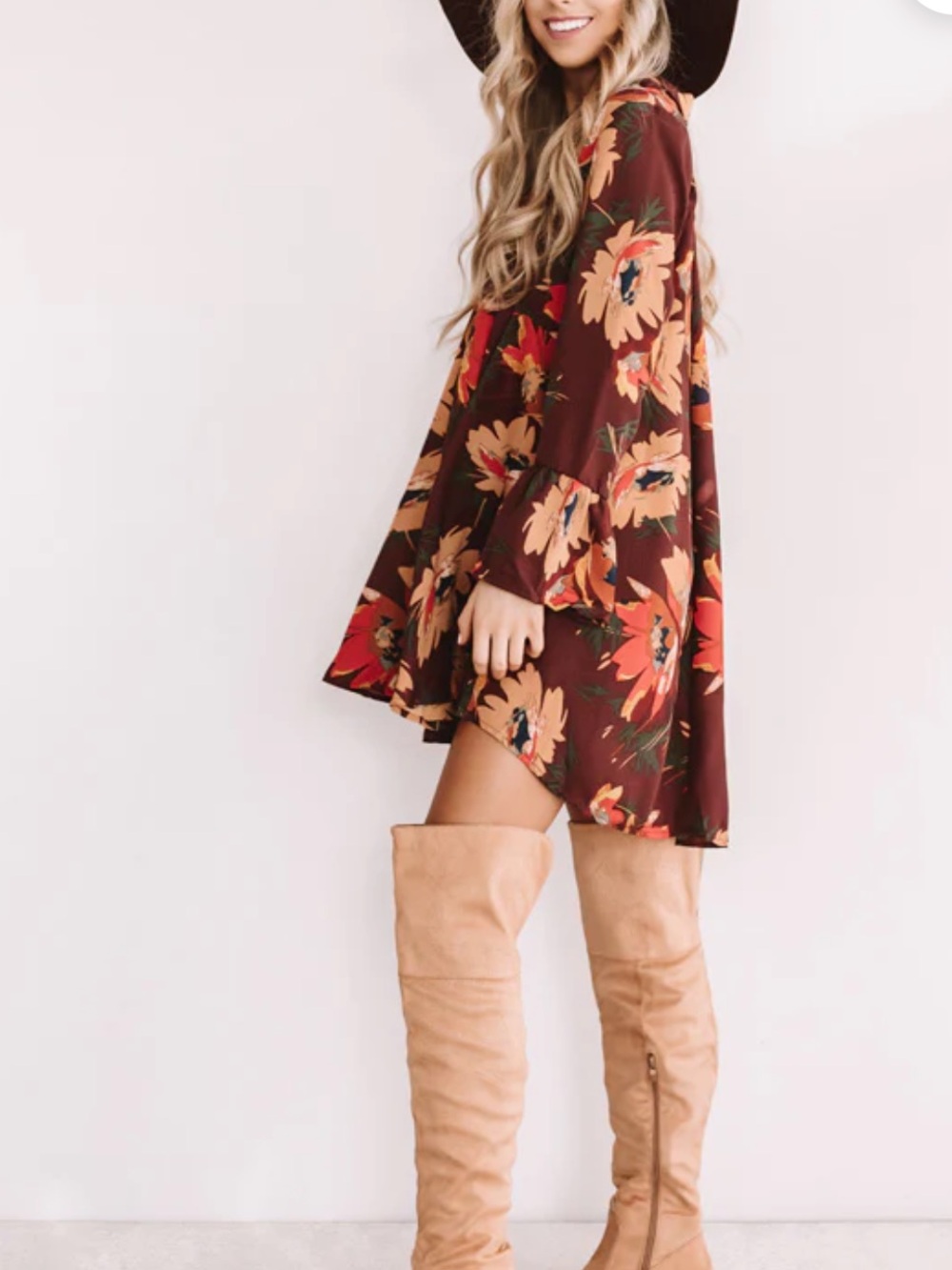 Umgee Burgundy Floral Long-Sleeve Tunic Dress